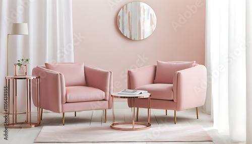 A sleek and cozy modern home environment with a pink armchair complementing white curtains.