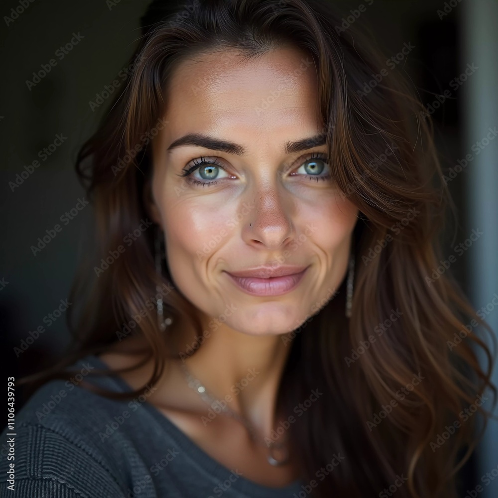 A Russian woman stands gracefully with long, flowing hair and striking grey eyes. Soft light enhances her natural beauty, creating an intimate atmosphere. Serious woman 40-50 years old. Generative AI A Russian woman stands gracefully with long, flowing hair and striking grey eyes. Soft light enhances her natural beauty, creating an intimate atmosphere. Serious woman 40-50 years old. Generative AI
