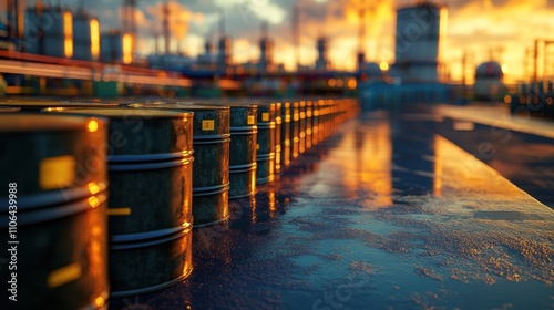 Sunset at the Oil Refinery: Rows of Barrels Reflecting the Golden Hour