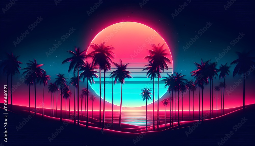 Naklejka premium Retrowave Beach Scene with Giant Pink Sun Setting Over Turquoise Ocean and Silhouetted Palm Trees 