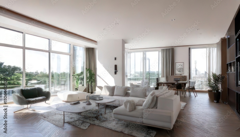 Fototapeta premium Elegant White Apartment Interior in Wide-Angle View 3D Rendering