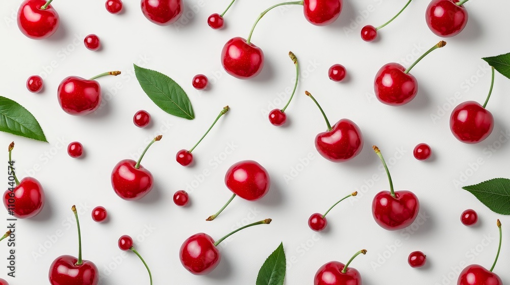 Dynamic layout of cherries in motion, green stems, and vibrant red against white, minimalistic and inviting Dynamic layout of cherries in motion, green stems, and vibrant red against white, minimalistic and inviting