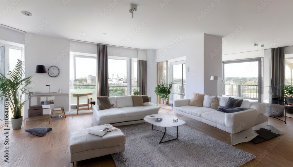 Fototapeta premium Elegant White Apartment Interior in Wide-Angle View 3D Rendering