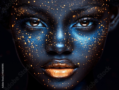 Abstract portrait of a woman with luminous orange speckles over dark painted skin showcasing an intense gaze and blending cosmic themes with avant garde creativity