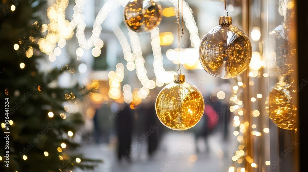 Golden ornaments brighten winter holiday streets Golden ornaments brighten winter holiday streets