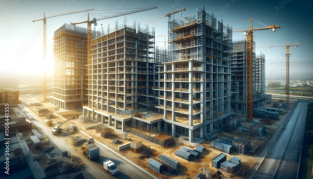High-rise construction site with multiple levels of scaffolding showcasing urban development and modern architecture in progress.
High-rise construction site with multiple levels of scaffolding showcasing urban development and modern architecture in progress.