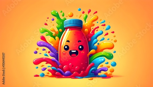 Colorful cartoon fruit character splashing in paint explosion with vibrant rainbow colors and playful expression.
