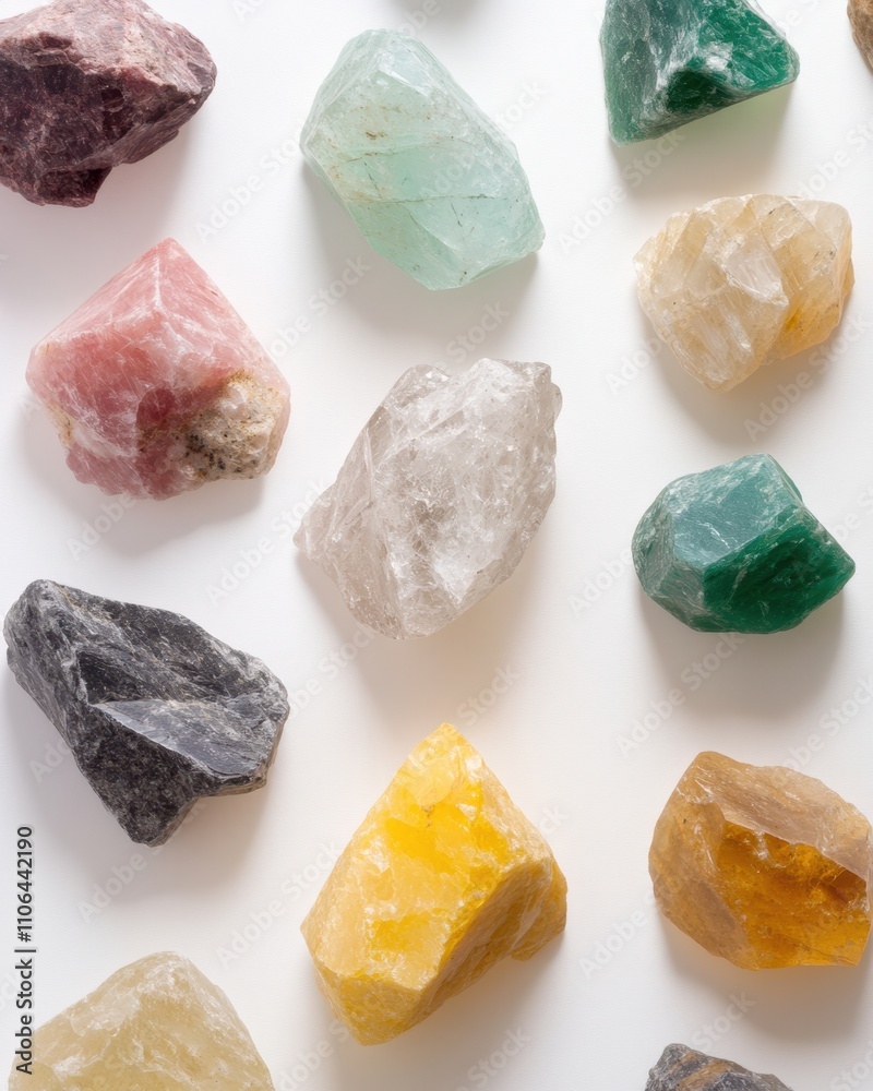 Colorful Rough Gemstones Including Diamond, Emerald, Sapphire, Garnet on a White Background Colorful Rough Gemstones Including Diamond, Emerald, Sapphire, Garnet on a White Background