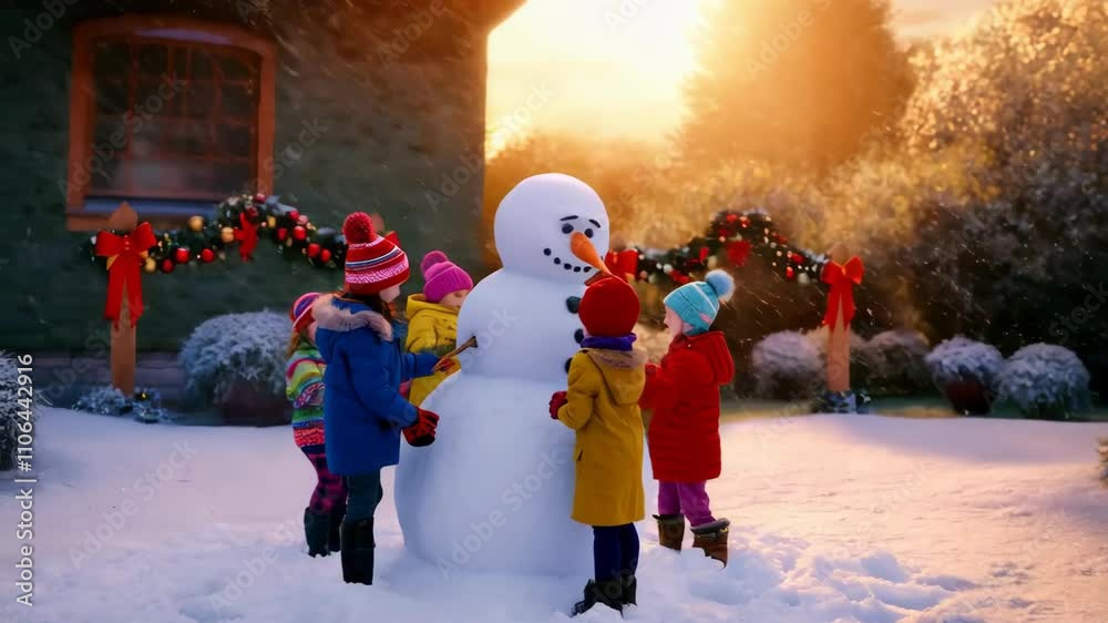 In a charming winter setting, a group of excited children builds a ...