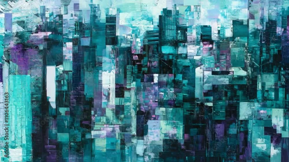 Vibrant abstract composition reflecting urban city life in shades of teal and purple with a digital touch