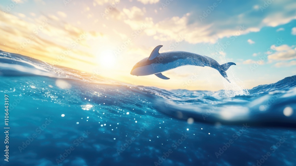 Fototapeta premium Whale Leaps Gracefully Under the Radiant Sun Against a Vibrant Blue Sky and Rolling Waves
