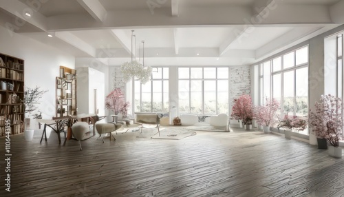 Modern White Loft with Wide-Angle View 3D Interior Rendering
