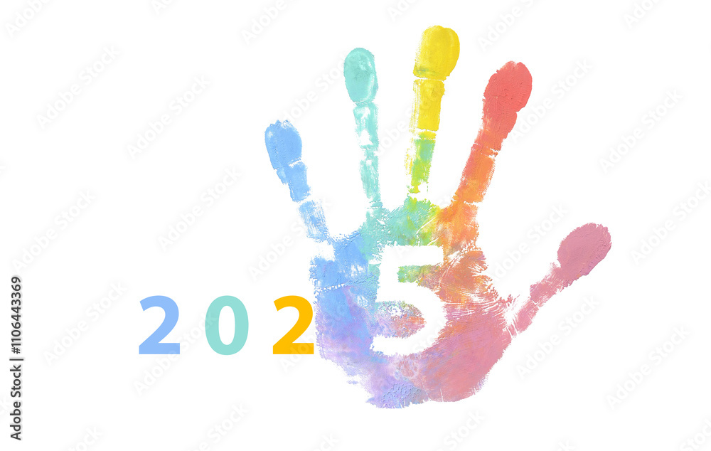 2025 logo with rainbow handprint for New Year card and positive calendar 2025 logo with rainbow handprint for New Year card and positive calendar