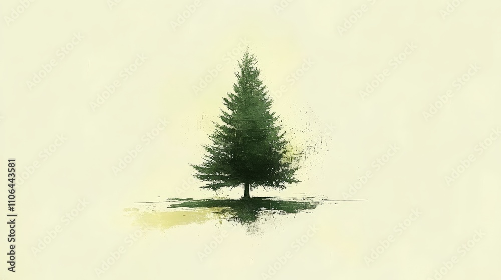 Obraz premium Solitary evergreen Christmas tree with delicate snow covered branches standing against a minimalist pale background, evoking serenity and natural holiday charm for modern seasonal designs