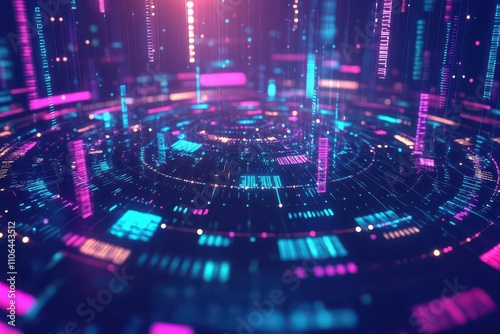Abstract matrix of colorful data streams, swirling around in 3D space, wide shot, soft ambient lighting, techfuturistic atmosphere photo