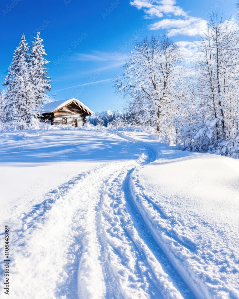 Exploring a Serene Winter Landscape With Untouched Snow and a Cozy Cabin in the Distance