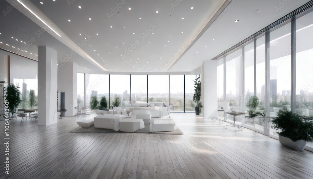 Modern White Loft with Wide-Angle View 3D Interior Rendering Modern White Loft with Wide-Angle View 3D Interior Rendering