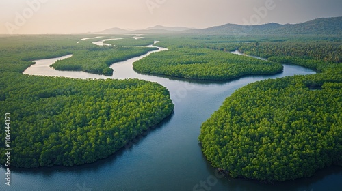 Serene Mangrove River Landscape: An Aerial View of Lush Green Mangrove Forests and Winding Waterways