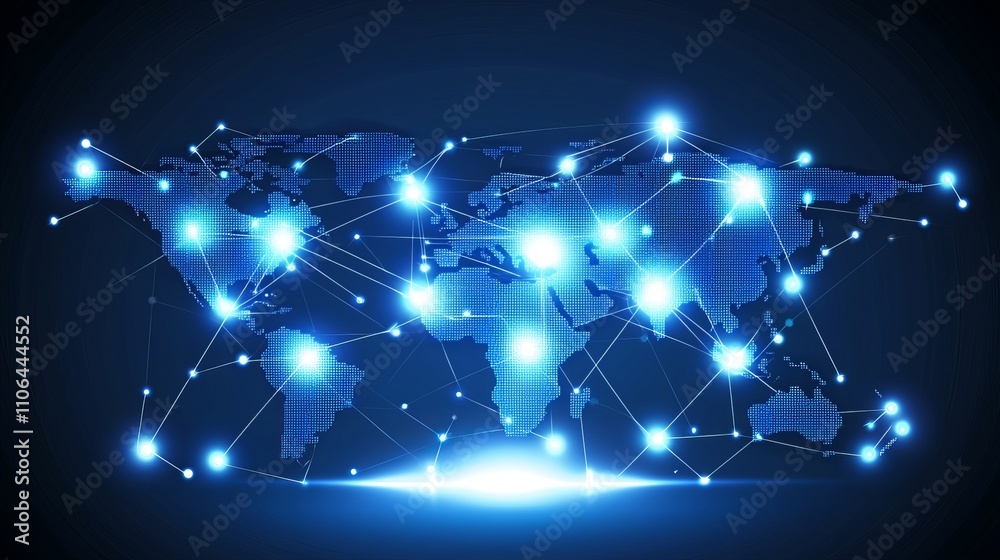 Obraz premium Digital world map with glowing blue connections representing global connectivity and technology.