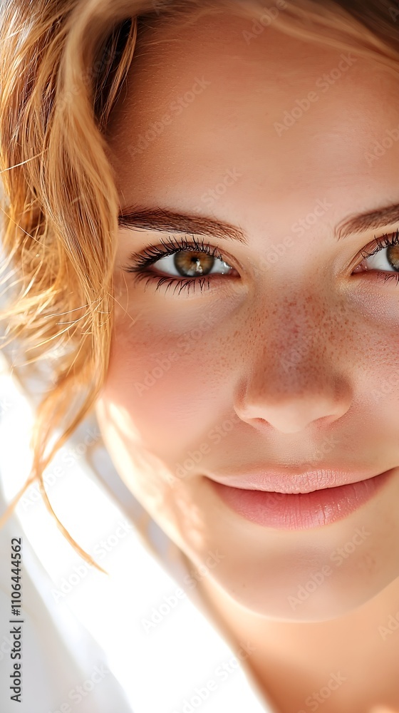 Cheerful young woman, Caucasian student in close-up, lively eyes, natural setting, soft background with slight blur, sunlit face, minimal makeup Cheerful young woman, Caucasian student in close-up, lively eyes, natural setting, soft background with slight blur, sunlit face, minimal makeup