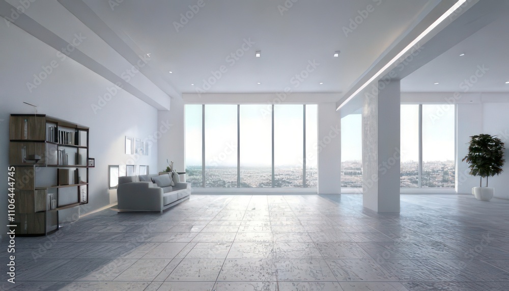Obraz premium Modern White Loft with Wide-Angle View 3D Interior Rendering