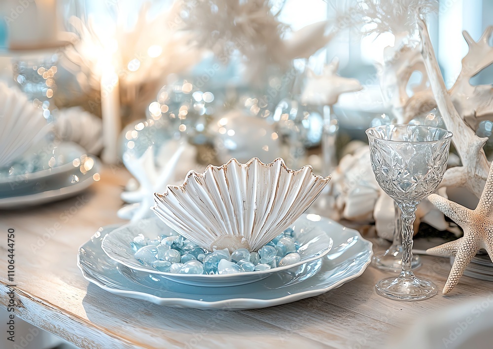 Coastal-inspired wooden table decorated for New Year party, sea glass centerpieces, nautical elements, soft blue and white color palette Coastal-inspired wooden table decorated for New Year party, sea glass centerpieces, nautical elements, soft blue and white color palette