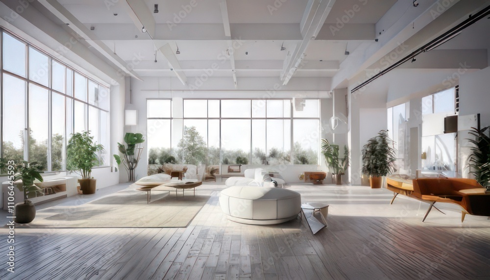 Modern White Loft with Wide-Angle View 3D Interior Rendering