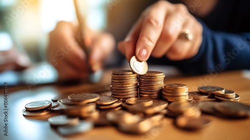 Closeup of a Person's Hand Placing a Coin on a Stack of Coins