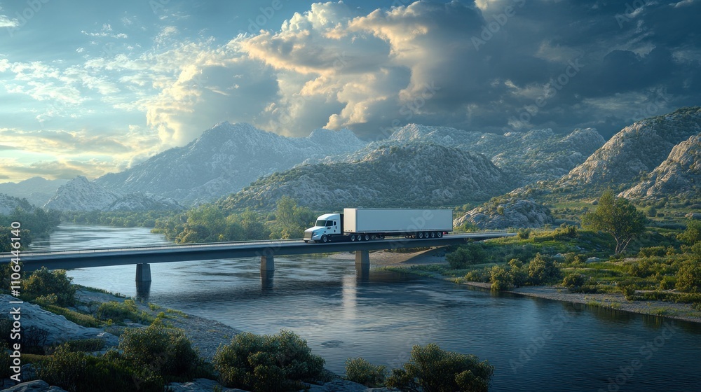 Fototapeta premium Scenic Truck Drive: Majestic Mountains and Serene River