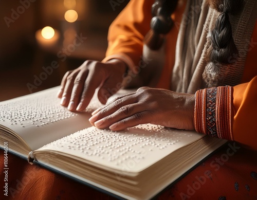 A close-up of hands gently reading a Braille book. The textured dots on the page are clearly visible, symbolizing the power of tactile literacy and the importance of accessible education. The atmosphe photo