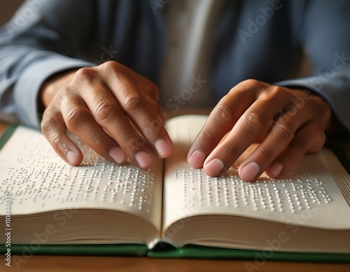 A close-up of hands gently reading a Braille book. The textured dots on the page are clearly visible, symbolizing the power of tactile literacy and the importance of accessible education. The atmosphe photo