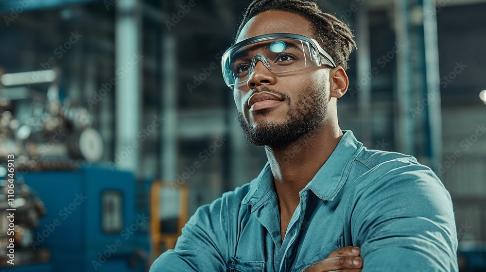 Confident young male engineer wearing safety goggles in an industrial setting Confident young male engineer wearing safety goggles in an industrial setting