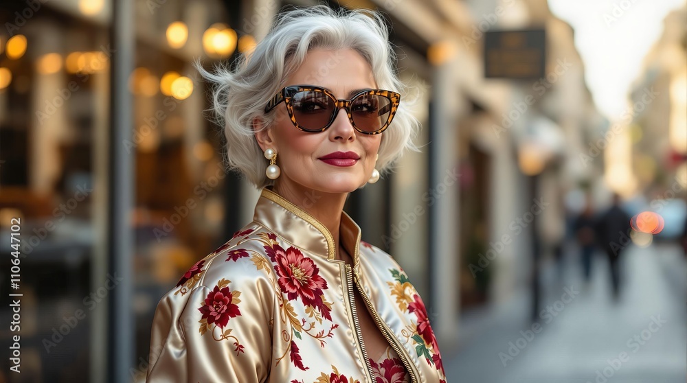 custom made wallpaper toronto digitalStylish woman in floral jacket and sunglasses on city street