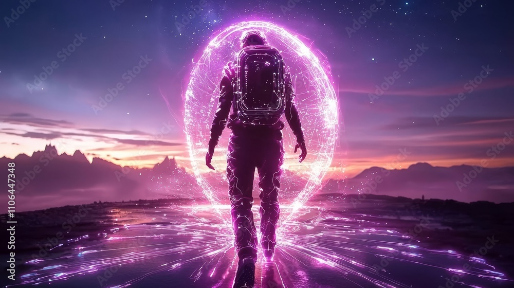 Glowing backpack with a futuristic design, casting a warm light on a dancer twirling in the dark, the night sky full of stars and mystery Glowing backpack with a futuristic design, casting a warm light on a dancer twirling in the dark, the night sky full of stars and mystery