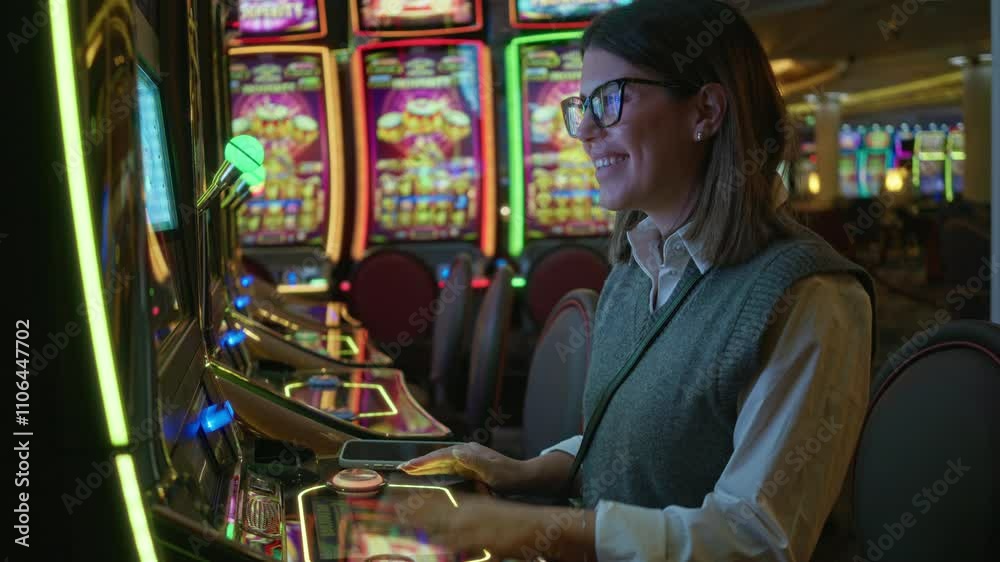 Woman smiling at casino slot machine indoors in las vegas, showcasing vibrant lights and exciting atmosphere of gaming entertainment.