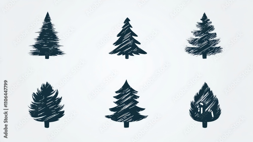 Obraz premium Collection of stylized evergreen tree silhouettes in muted tones, featuring a mix of sharp and soft textures for a modern and versatile winter decor theme