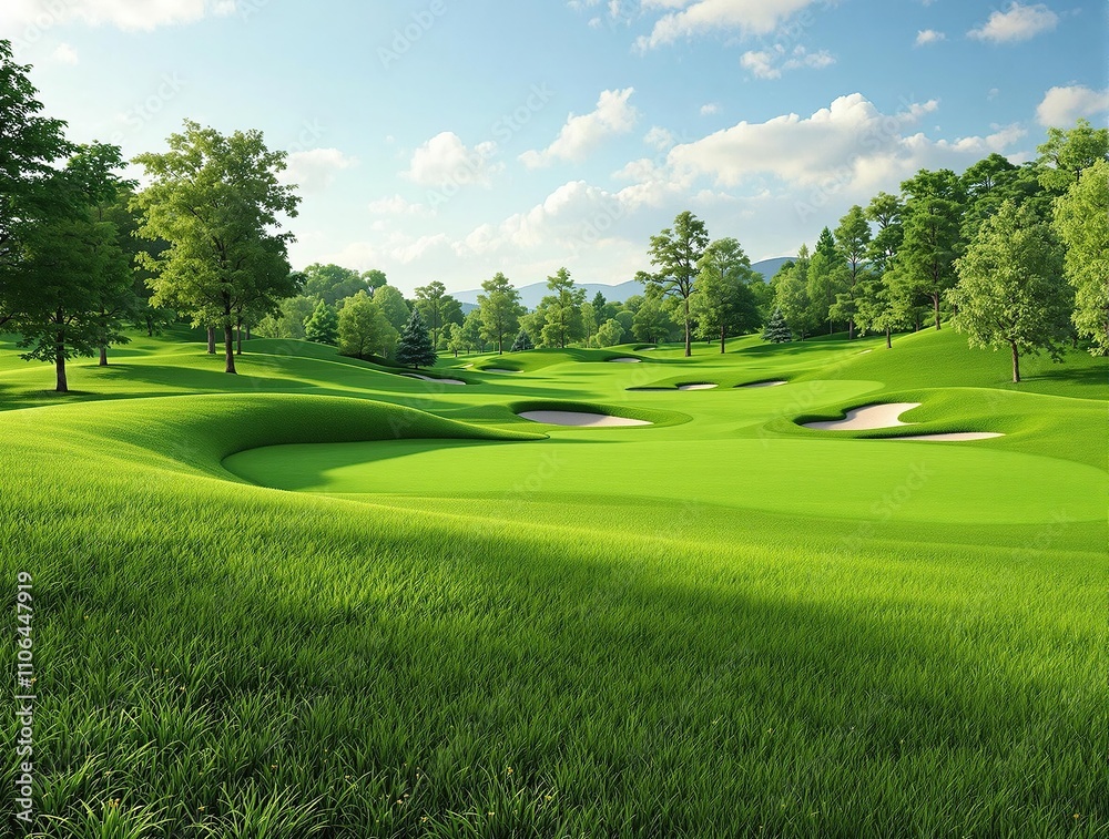 An artistic representation of the natural world, showcasing the unique textures and colors of the grass blades on a beautiful emerald green golf course lawn., landscape, botanical, floral An artistic representation of the natural world, showcasing the unique textures and colors of the grass blades on a beautiful emerald green golf course lawn., landscape, botanical, floral