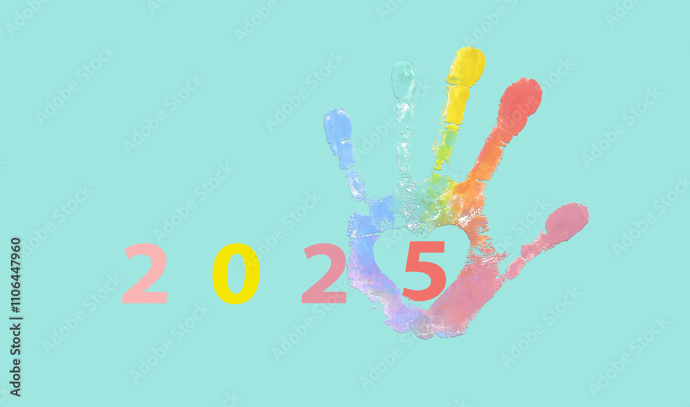 2025 year with rainbow hand print and heart on turquoise background for New Year calendar, greeting card and valentine. 2025 year with rainbow hand print and heart on turquoise background for New Year calendar, greeting card and valentine.