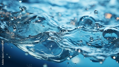 High-resolution water droplets and splashes isolated on a clear backdrop, with an elegant blue water wave for an abstract effect.