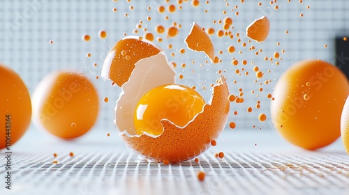 Close-up of egg breaking in mid-air, fragments and yolk spilling out, dynamic freeze-frame, isolated on white background photo