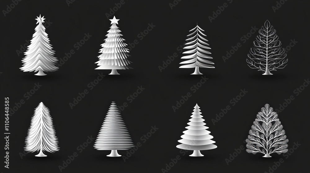 Obraz premium Set of eight monochrome Christmas tree icons in silver and white tones on a black background with modern, abstract shapes and metallic textures for digital use