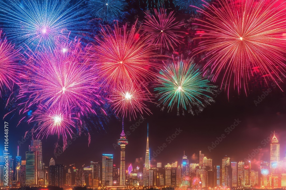 Fireworks exploding over a silhouette city skyline, New Year papercut design, top view magical night scifi tone Monochromatic Color Scheme Fireworks exploding over a silhouette city skyline, New Year papercut design, top view magical night scifi tone Monochromatic Color Scheme