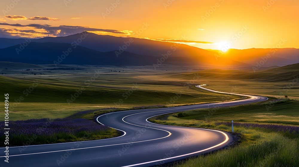 Naklejka premium A road meanders through lush lavender fields under the golden hues of late afternoon light, with the calm scent of lavender filling the air