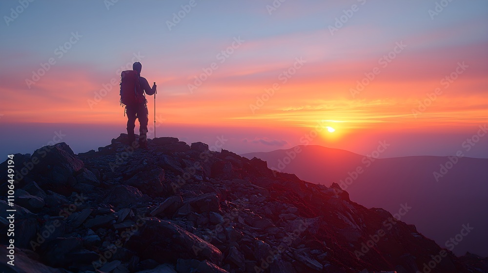 A rocky path littered with debris, deep trenches, figure on the summit planting a flag, bathed in dawn's first light ultimate perseverance A rocky path littered with debris, deep trenches, figure on the summit planting a flag, bathed in dawn's first light ultimate perseverance