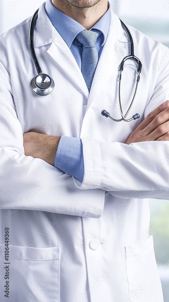 Close-up of a male doctor in a white coat with a stethoscope posing confidently