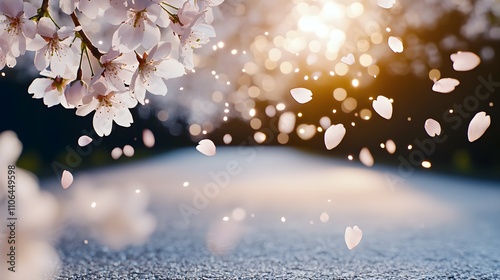 A rural dirt road under a canopy of cherry blossoms in full bloom, petals gently falling in the breeze, with a sense of calm and beauty in the quiet surroundings photo