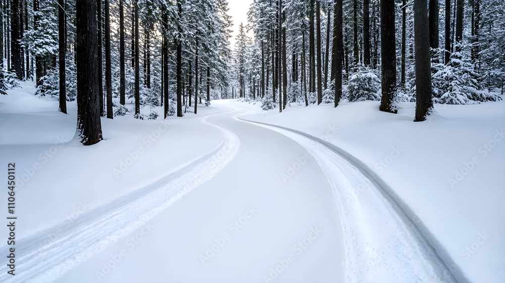 Fototapeta premium A serene winter scene, a quiet road meandering through a dense evergreen forest, snow freshly fallen, creating a calm, pristine winter atmosphere