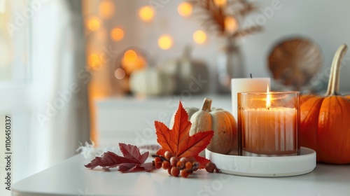 Home decor with autumn theme: pumpkins, candle, and leaves on white table - the essence of cozy fall weekends photo