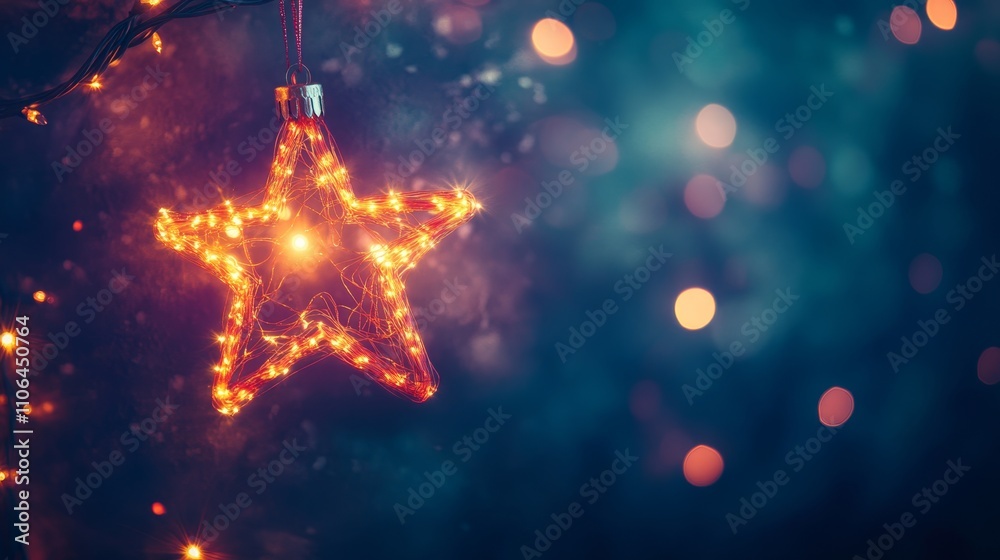 A shimmering star-shaped ornament dangles gracefully from the branches of a lush green Christmas tree, radiating festive cheer and holiday magic. A shimmering star-shaped ornament dangles gracefully from the branches of a lush green Christmas tree, radiating festive cheer and holiday magic.