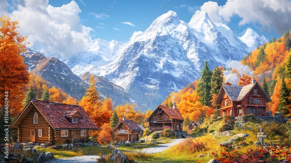 Fototapeta premium Autumnal mountain village with wooden cabins.